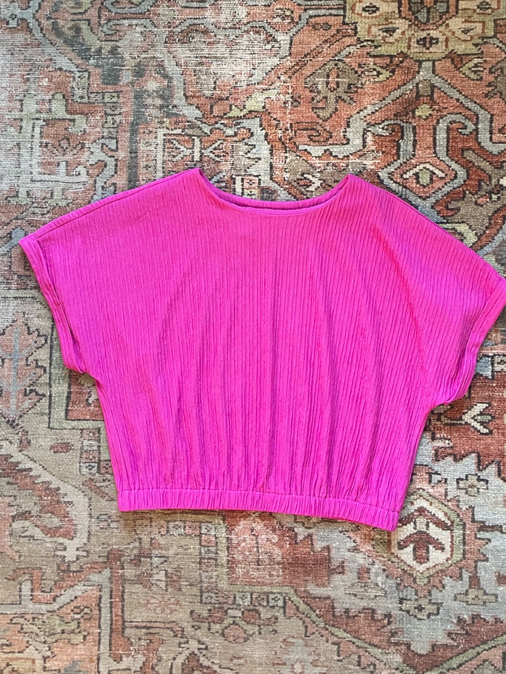 Women's Hot Pink Ribbed Short Sleeve Blouse